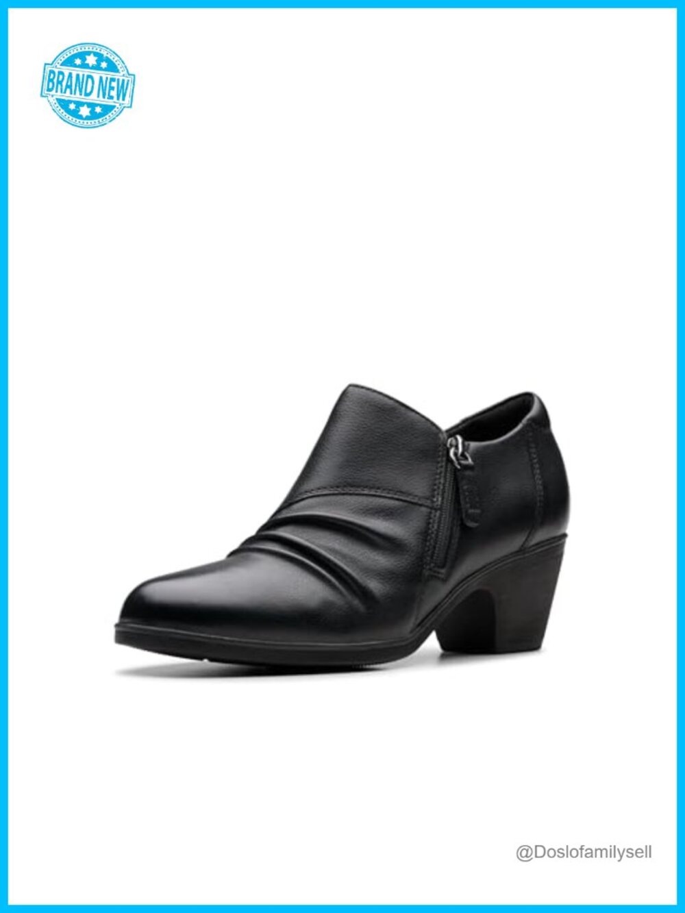 Clarks Ruched Ankle Bootie Block Heel Leather Side Zip
